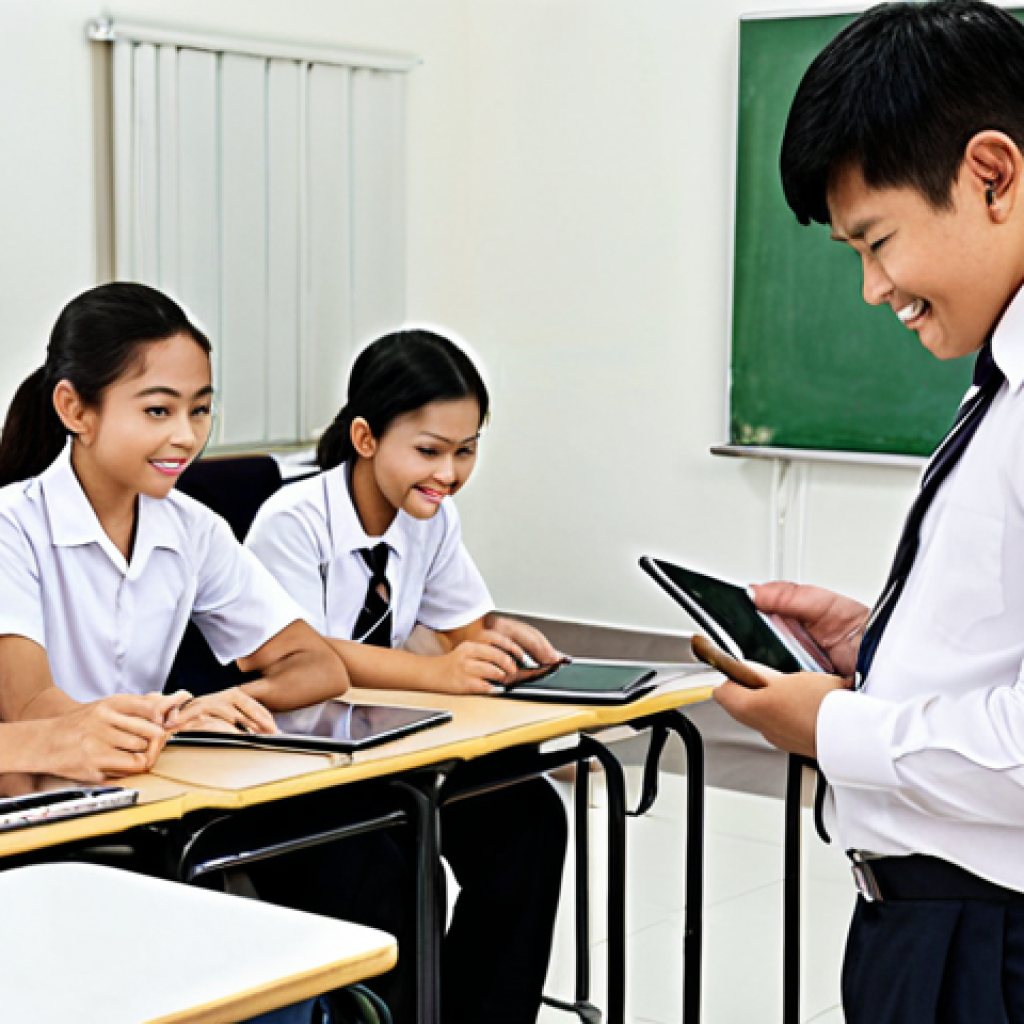**Thai students in a modern classroom**: Focus on the modernized curriculum with technology integration. Show happy, engaged students and teachers using tablets or interactive whiteboards. The classroom should be well-lit and resourced, reflecting the government's investment in education.