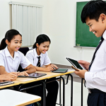 **Thai students in a modern classroom**: Focus on the modernized curriculum with technology integration. Show happy, engaged students and teachers using tablets or interactive whiteboards. The classroom should be well-lit and resourced, reflecting the government's investment in education.