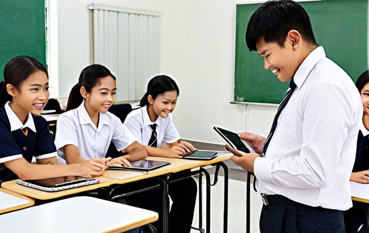 **Thai students in a modern classroom**: Focus on the modernized curriculum with technology integration. Show happy, engaged students and teachers using tablets or interactive whiteboards. The classroom should be well-lit and resourced, reflecting the government's investment in education.