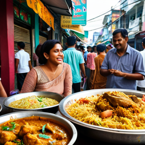 **

Prompt:  A vibrant spread of Bangladeshi food in Bangkok's Little India. Focus on Chicken Biryani, a colorful curry, and roti.  Busy street scene in the background, with Thai and Bangladeshi people enjoying the food.  Warm, inviting atmosphere.

**