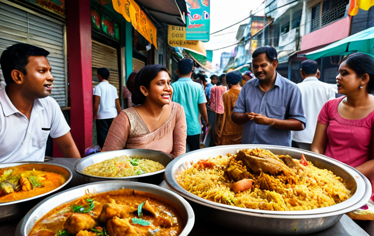 **

Prompt:  A vibrant spread of Bangladeshi food in Bangkok's Little India. Focus on Chicken Biryani, a colorful curry, and roti.  Busy street scene in the background, with Thai and Bangladeshi people enjoying the food.  Warm, inviting atmosphere.

**