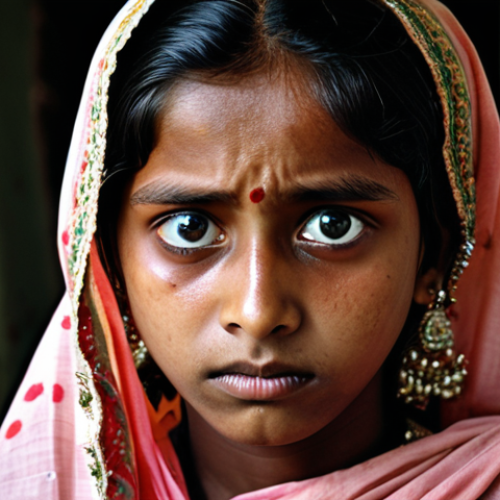 **

A young Bangladeshi girl being forced into marriage, symbolizing the discrimination against women and girls. The image should evoke sadness and loss of opportunity. Focus on the contrast between her youth and the burden she is carrying. Dark, muted colors with a touch of hope in her eyes.

**