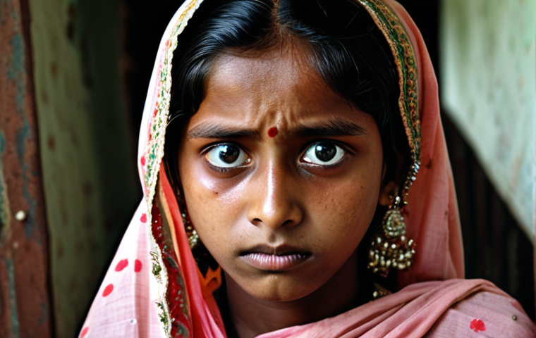 **

A young Bangladeshi girl being forced into marriage, symbolizing the discrimination against women and girls. The image should evoke sadness and loss of opportunity. Focus on the contrast between her youth and the burden she is carrying. Dark, muted colors with a touch of hope in her eyes.

**