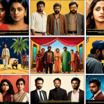 A dynamic, vibrant montage symbolizing the evolution of Bangladeshi cinema (Dhallywood) onto the global stage. Feature a diverse group of modern Bangladeshi filmmakers and actors, some with subtle traditional attire elements, confidently moving forward. Behind them, a tapestry of film genres—a poignant social drama, a futuristic sci-fi scene, a thrilling crime sequence, and a vibrant musical number—seamlessly interweaves. Global film festival motifs like Cannes' Palme d'Or, Venice's Lion, and Berlin's Bear subtly glow in the background. Digital film reels and light streams hint at technological advancement and international ambition. The overall mood is optimistic, innovative, and globally focused.