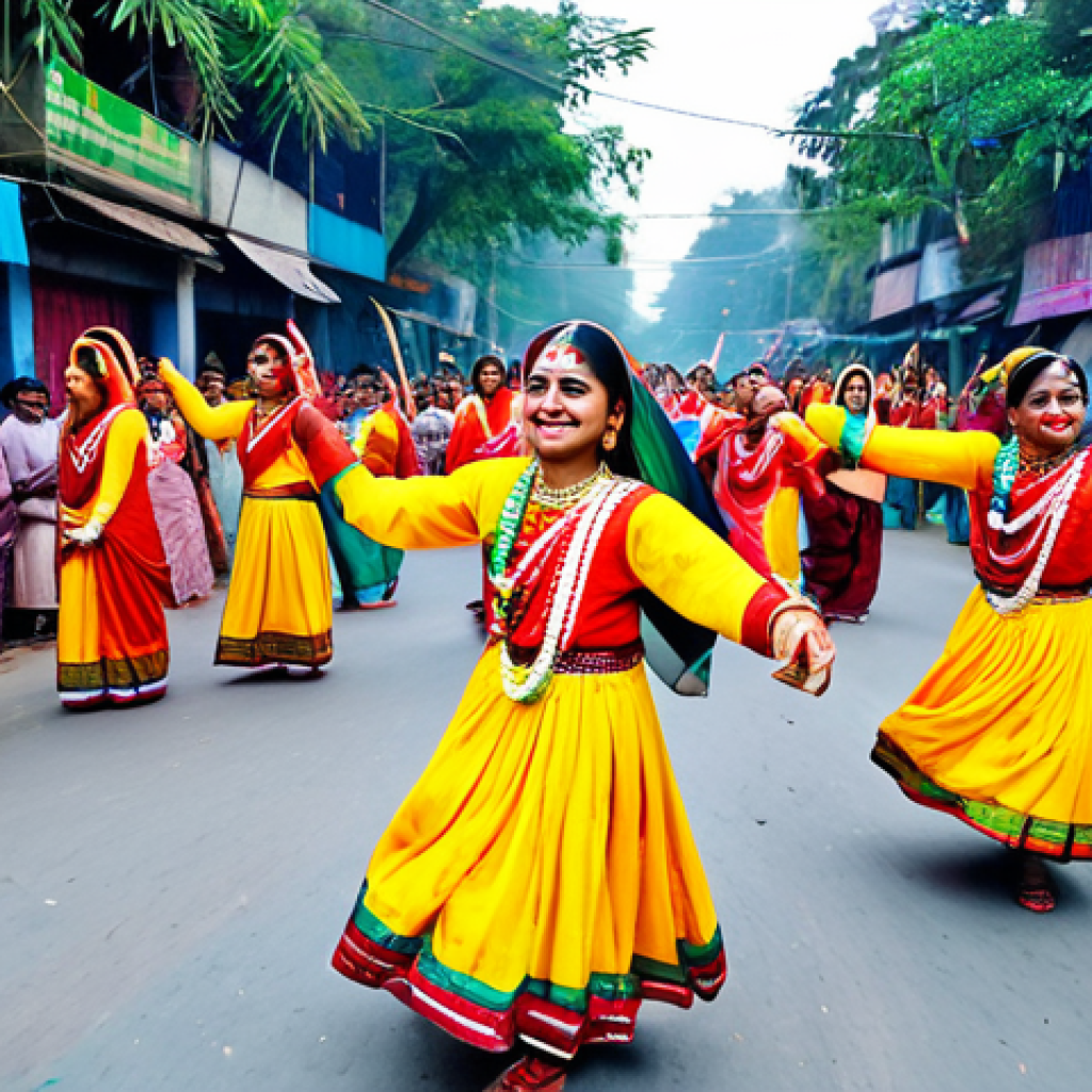 "A vibrant Pohela Boishakh celebration in Dhaka, Bangladesh. People in colorful traditional clothing dancing in the streets, food stalls, joyful atmosphere, safe for work, appropriate content, fully clothed, family-friendly, high quality."