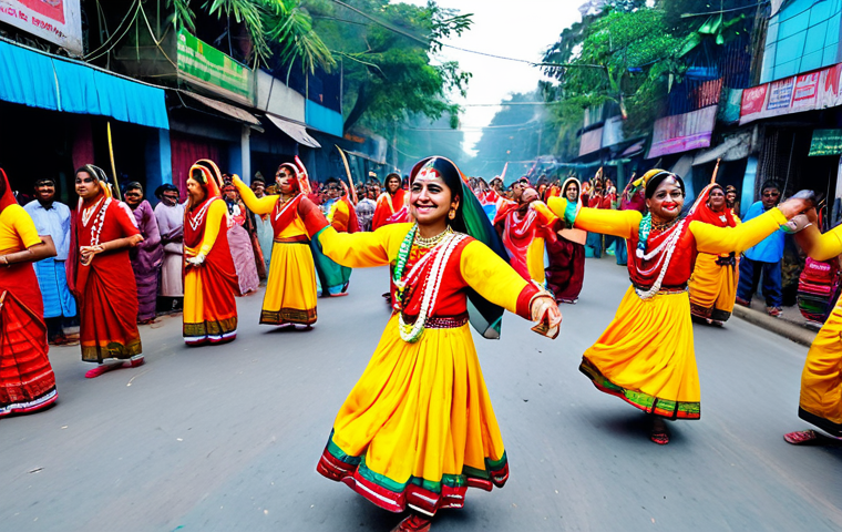 "A vibrant Pohela Boishakh celebration in Dhaka, Bangladesh. People in colorful traditional clothing dancing in the streets, food stalls, joyful atmosphere, safe for work, appropriate content, fully clothed, family-friendly, high quality."