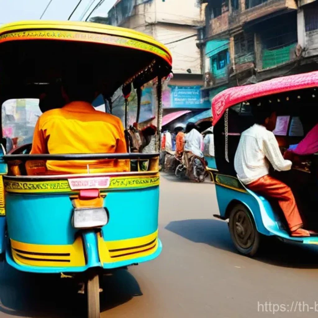 방글라데시의 대중교통 이용법 - **Vibrant Rickshaw Scene in Dhaka:**
    "A bustling street in Dhaka, Bangladesh, filled with bright...