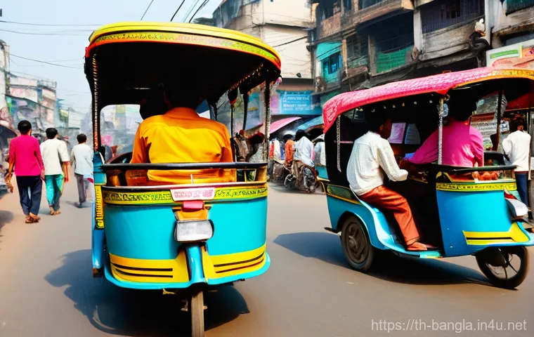 방글라데시의 대중교통 이용법 - **Vibrant Rickshaw Scene in Dhaka:**
    "A bustling street in Dhaka, Bangladesh, filled with bright...