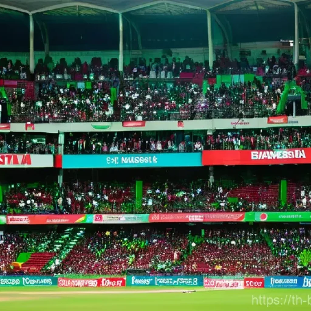 방글라데시 크리켓 스타 - **Prompt:** A panoramic view of a packed, vibrant cricket stadium in Bangladesh, pulsating with the ...