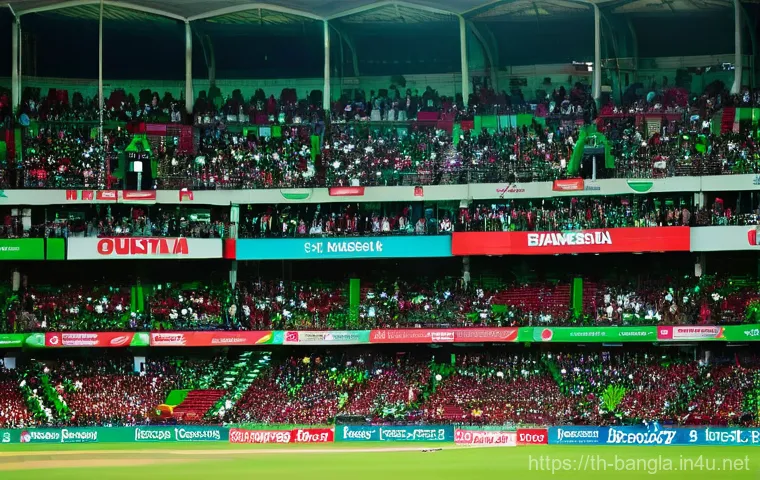 방글라데시 크리켓 스타 - **Prompt:** A panoramic view of a packed, vibrant cricket stadium in Bangladesh, pulsating with the ...