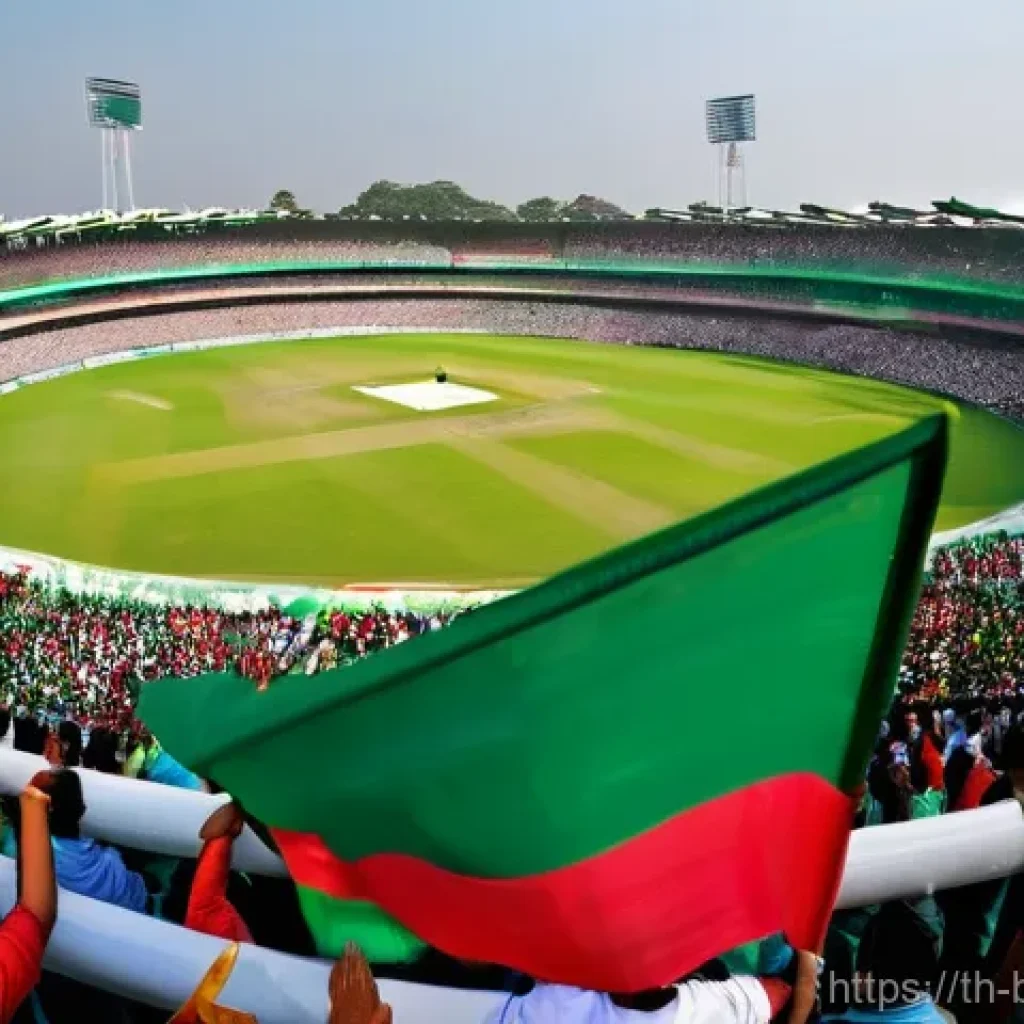 방글라데시의 스포츠 스타 - **Prompt: Cricket - Shakib Al Hasan in Action with Passionate Fans**
    "A dynamic, wide-angle shot...