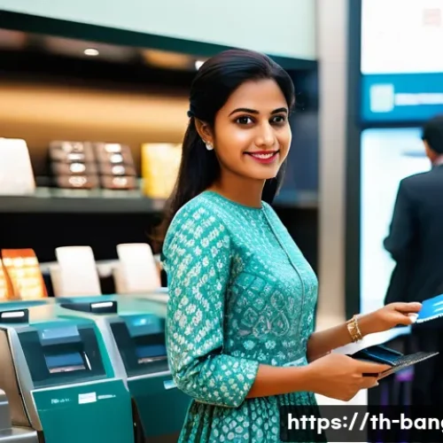 방글라데시의 신용카드 사용 팁 - A sophisticated female traveler, in her early 30s, with dark, neatly styled hair and wearing a fashi...