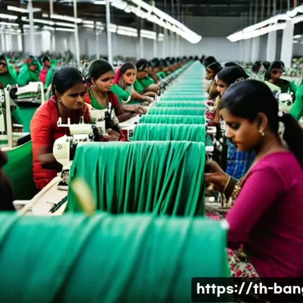 방글라데시와 세계 경제의 연결점 - **Prompt:** A vibrant, bustling scene inside a modern "green factory" in Bangladesh, where numerous ...