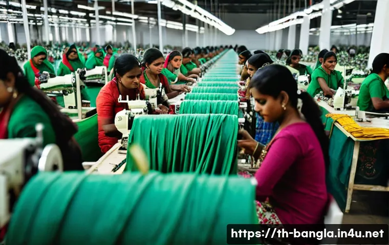 방글라데시와 세계 경제의 연결점 - **Prompt:** A vibrant, bustling scene inside a modern "green factory" in Bangladesh, where numerous ...