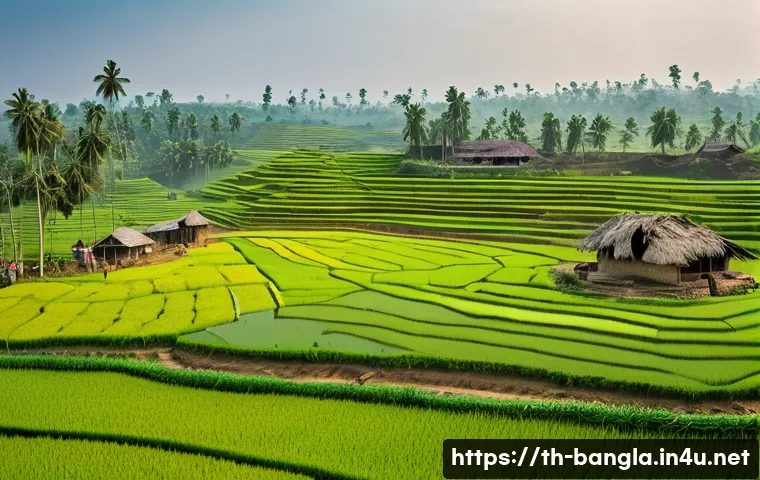 방글라데시 농촌 지역 경제 - **Prompt:** A vibrant, high-angle panoramic view of a thriving rural Bangladeshi agricultural landsc...