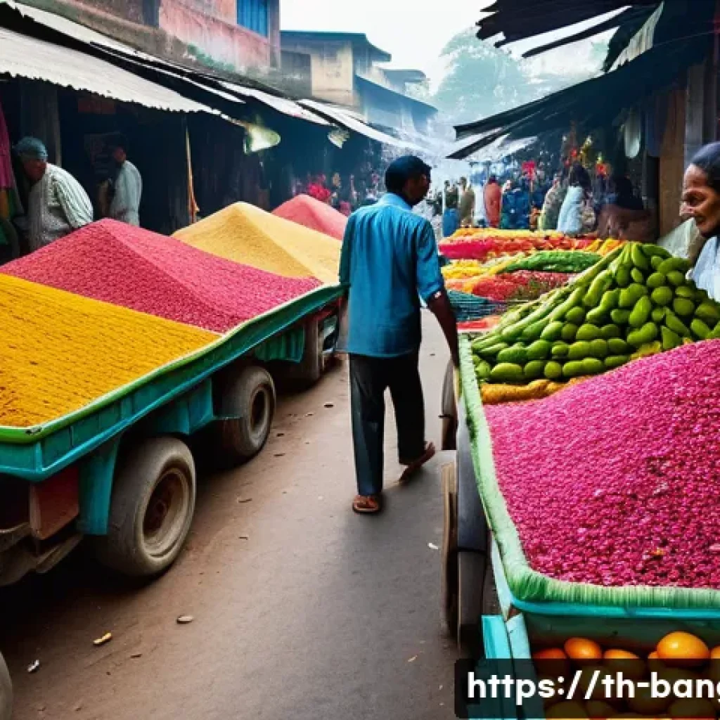 방글라데시 로컬 시장 탐방 - A vibrant Bangladeshi local market scene in early morning light, bustling with friendly vendors and ...