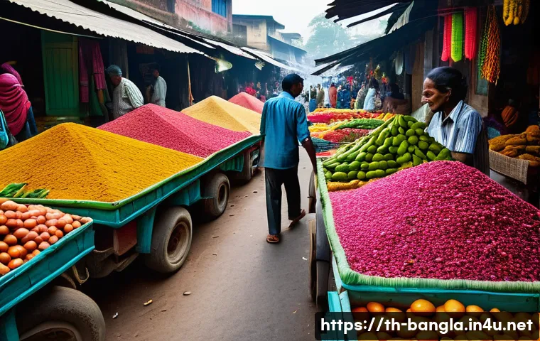 방글라데시 로컬 시장 탐방 - A vibrant Bangladeshi local market scene in early morning light, bustling with friendly vendors and ...