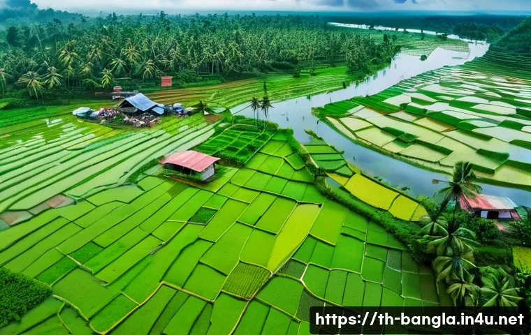 방글라데시의 수자원 관리 - A detailed aerial view of a rural Bangladeshi village during the rainy season, showcasing small to m...