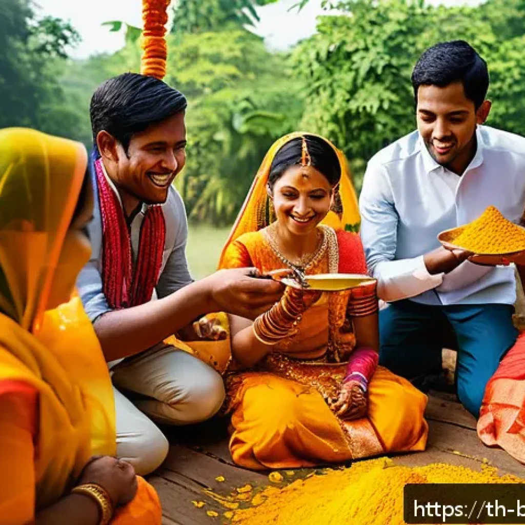 방글라데시의 종교적 관습 - A vibrant pre-wedding Haldi ceremony scene in rural Bangladesh, featuring a bride and groom in tradi...