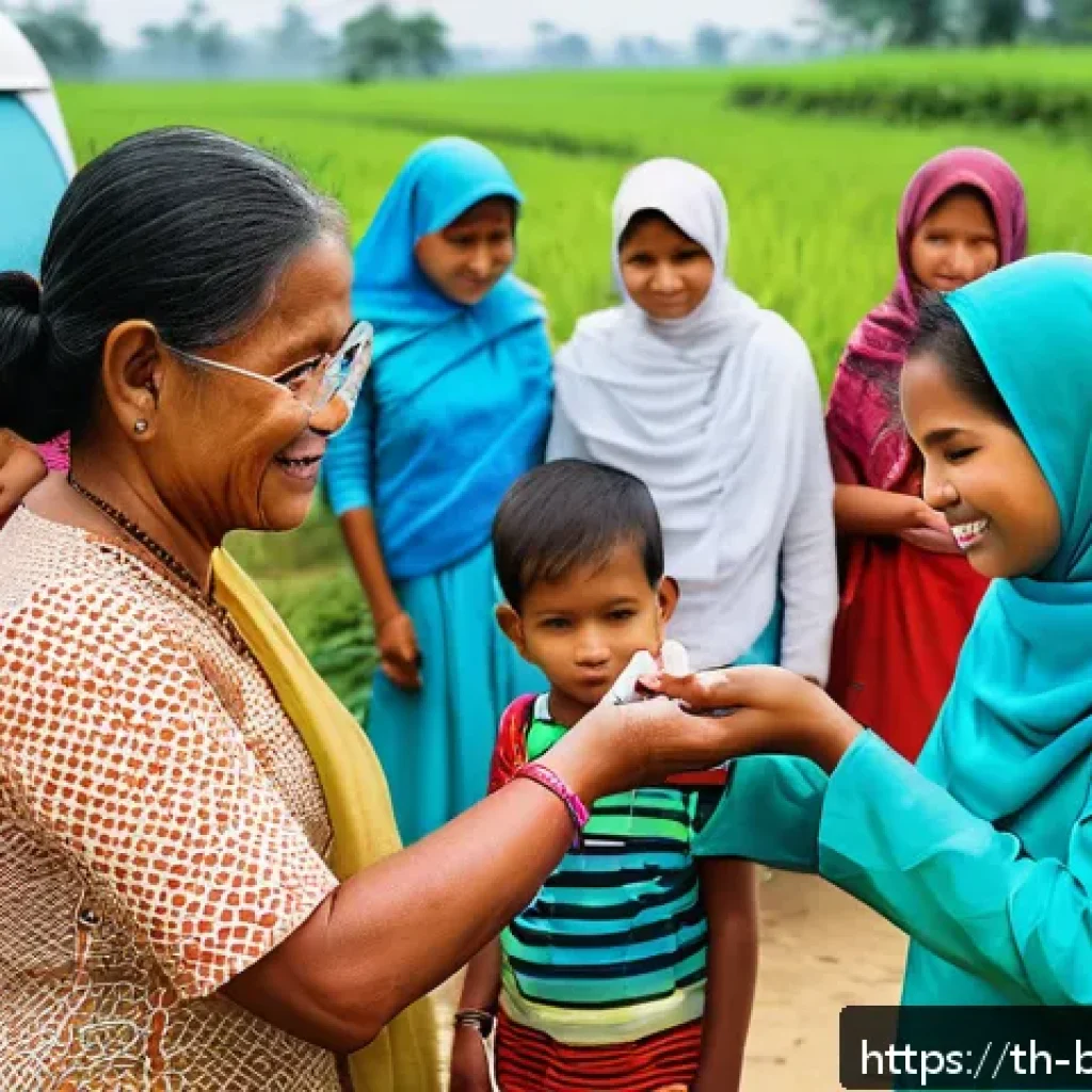 방글라데시 NGO 활동 - A vibrant rural community health outreach scene in Bangladesh, showing diverse women and children we...