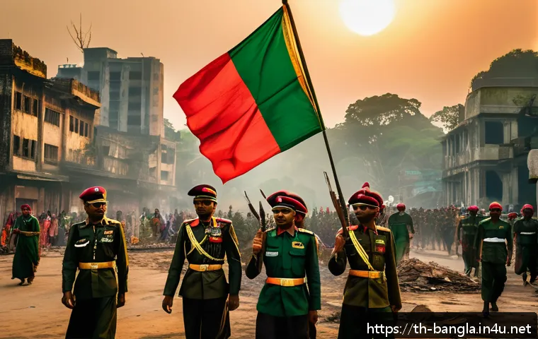 방글라데시 독립 기념일 - A vibrant and detailed scene of the Bangladesh Liberation War in 1971, featuring determined Banglade...