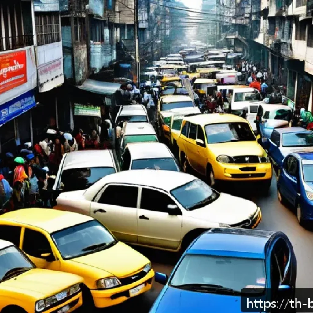 방글라데시의 수도 다카의 교통 체증 - A bustling urban street scene in Dhaka during rush hour, showing a dense traffic jam with various ty...