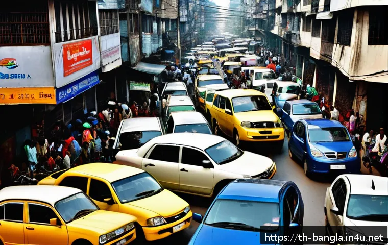 방글라데시의 수도 다카의 교통 체증 - A bustling urban street scene in Dhaka during rush hour, showing a dense traffic jam with various ty...