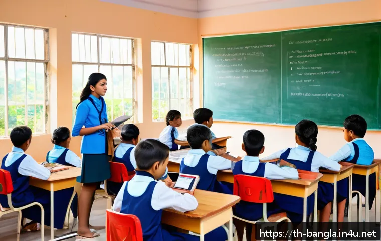 방글라데시의 교육 현장 - A bright and modern classroom in a Bangladeshi city school featuring children wearing colorful schoo...