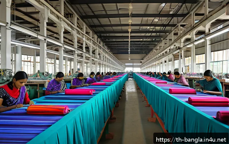 방글라데시의 민간 투자 기회 - A bustling modern textile factory in Bangladesh showcasing skilled workers in modest attire, operati...