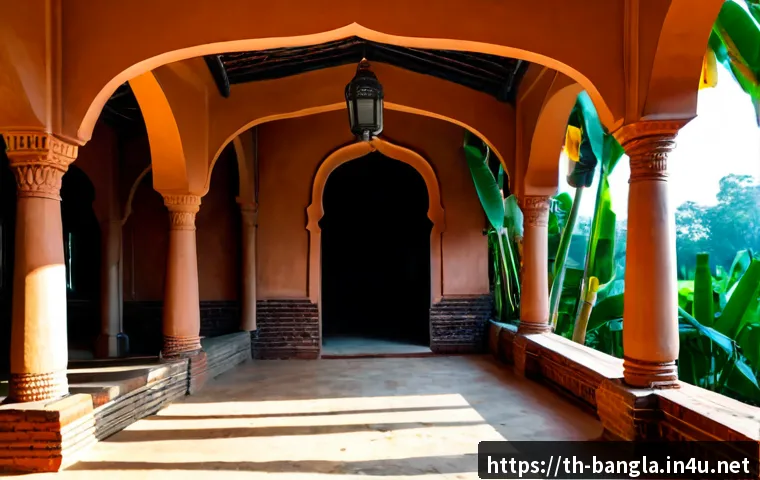 방글라데시 벵골 전통 건축 - Photorealistic traditional Bengali zamindar courtyard house in rural Bangladesh, weathered terracott...
