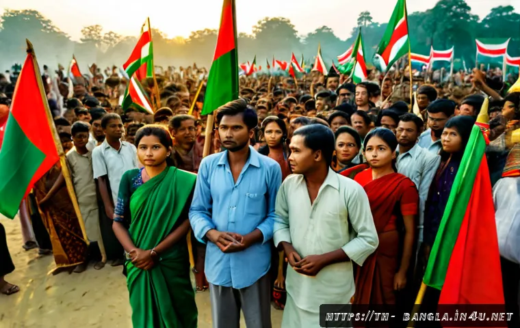 방글라데시 독립 역사 - Photorealistic historical scene of Bangladesh’s 1971 independence movement, diverse Bengali civilian...